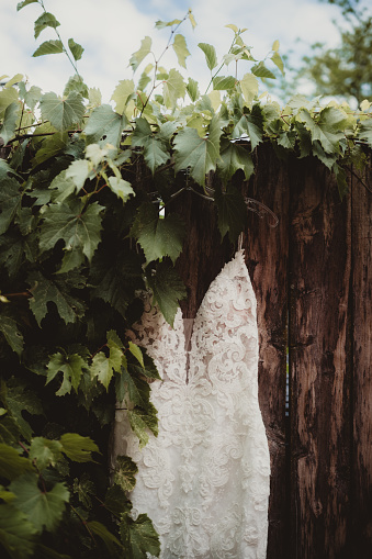 Wedding gown hanging up outdoors