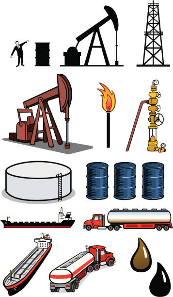 ilustraciones, imágenes clip art, dibujos animados e iconos de stock de iconos de industria de petróleo - oil drum fuel storage tank barrel container