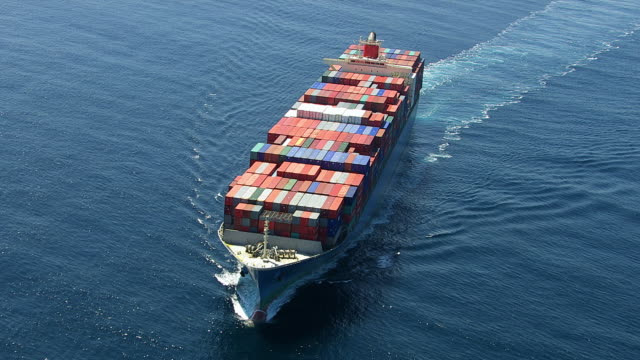 Aerial shot of container ship in ocean