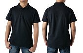 Blank collared shirt mock up template, front and back view, Asian teenage male model wearing plain black t-shirt isolated on white. Polo tee design mockup presentation