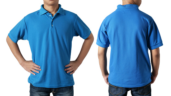 Blank collared shirt mock up template, front and back view, Asian teenage male model wearing plain blue t-shirt isolated on white. Polo tee design mockup presentation for print