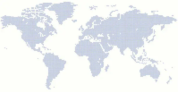 A world map produced with blue dots on a white background A world map produced with blue dots on a white background