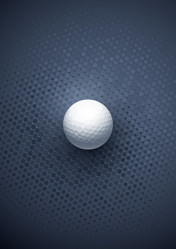 Golf ball on a dark grey pattern background for a golf tournament with dimple pattern