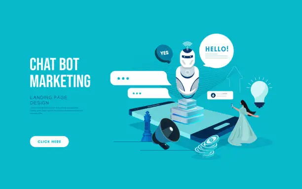 Vector illustration of Isometric artificial intelligence. Chat bot and future marketing.