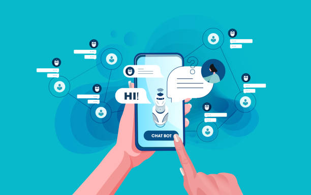 Chat bot - mobile phone Chat bot concept. Business people chatting with chat bot on smartphone. hotline background stock illustrations