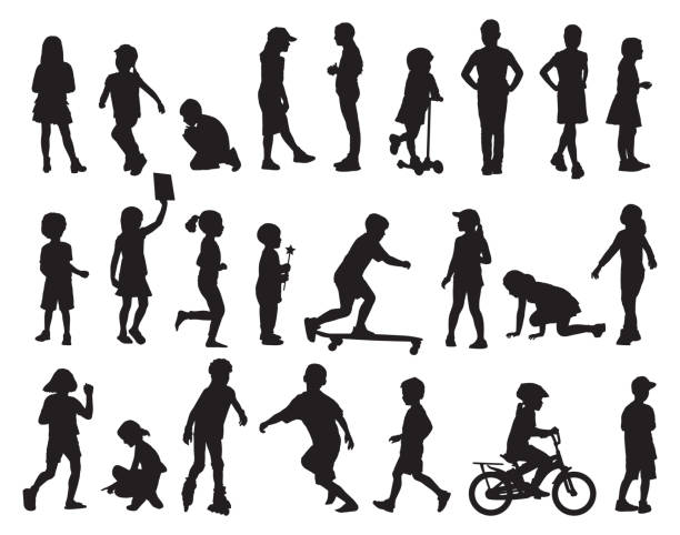 Children Silhouettes Vector illustration of twenty four children silhouettes on a white background. black and white sports silhouette stock illustrations