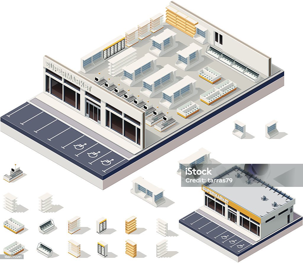 Isometric DIY supermarket interior plan Cutaway view of modern supermarket. Equipment and furniture can be used for custom supermarket plan Supermarket stock vector