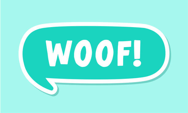 ilustrações de stock, clip art, desenhos animados e ícones de woof text in a speech bubble balloon digital sticker design. cute cartoon comics dog bark sound effect and lettering. textured vector illustration. - cute vector textured effect cheerful