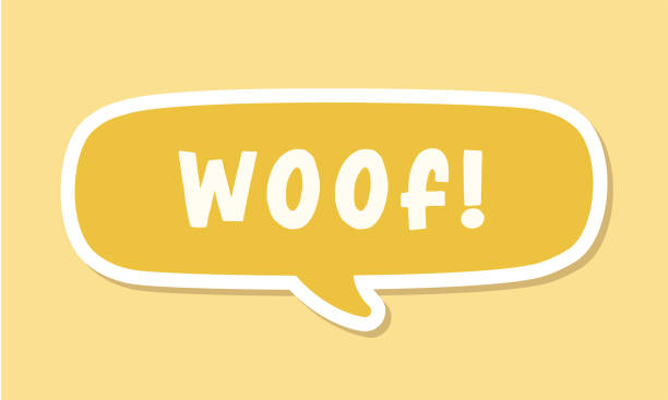 ilustrações de stock, clip art, desenhos animados e ícones de woof text in a speech bubble balloon digital sticker design. cute cartoon comics dog bark sound effect and lettering. textured vector illustration. - cute vector textured effect cheerful