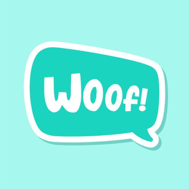 ilustrações de stock, clip art, desenhos animados e ícones de woof text in a speech bubble balloon digital sticker design. cute cartoon comics dog bark sound effect and lettering. textured vector illustration. - cute vector textured effect cheerful