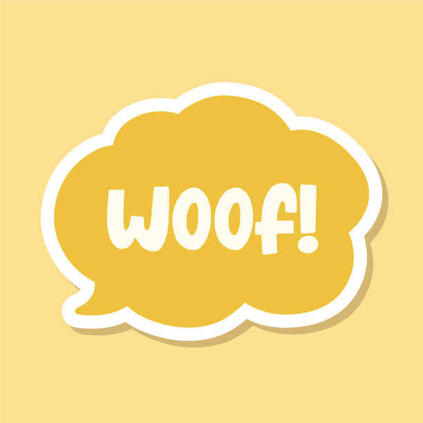 ilustraciones, imágenes clip art, dibujos animados e iconos de stock de texto de woof en un diseño de pegatina digital de globo de burbuja de diálogo. lindo cómic de dibujos animados perro ladrar efecto de sonido y letras. ilustración vectorial texturizada. - cute vector textured effect cheerful