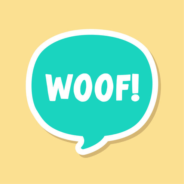 말풍선 풍선 디지털 스티커 디자인의 woof 텍스트. 귀여운 만화 만화 개 짖는 소리 효과와 글자. 질감 벡터 그림입니다. - cute vector textured effect cheerful stock illustrations