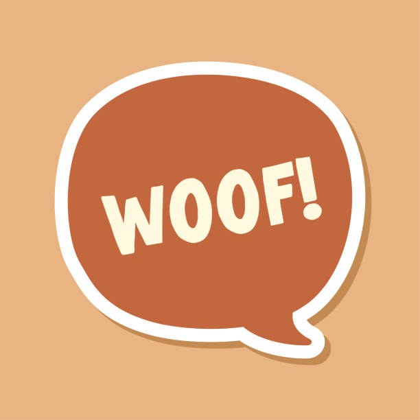 말풍선 풍선 디지털 스티커 디자인의 woof 텍스트. 귀여운 만화 만화 개 짖는 소리 효과와 글자. 질감 벡터 그림입니다. - cute vector textured effect cheerful stock illustrations