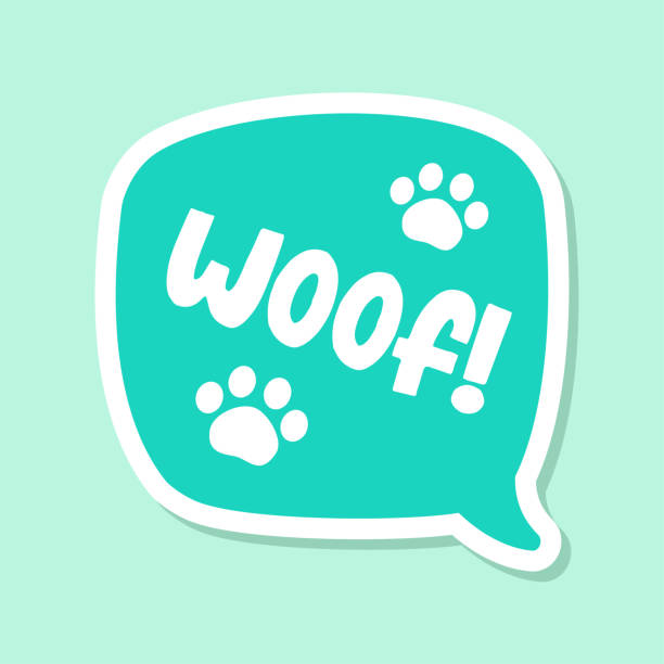 ilustrações de stock, clip art, desenhos animados e ícones de woof text in a speech bubble balloon with paw prints, digital sticker design. cute cartoon comics dog bark sound effect and lettering. textured vector illustration. - cute vector textured effect cheerful