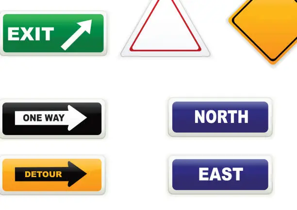Vector illustration of Several road warning hazard and direction signs