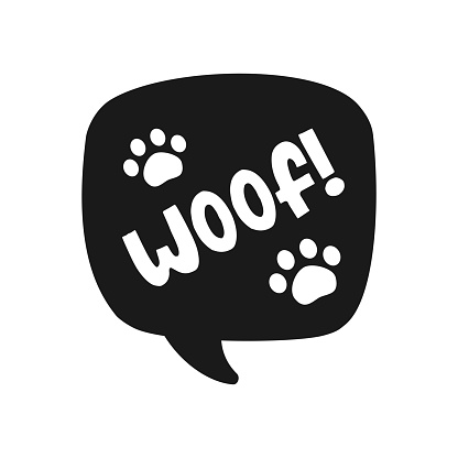 Woof! text with paw prints in a dark black speech bubble balloon. Cartoon comics dog bark sound effect and lettering. Simple flat vector illustration silhouette on white background.