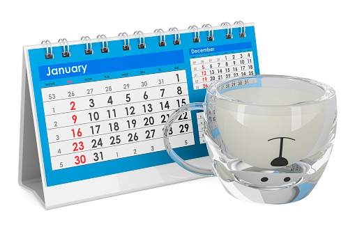 Bear tea cup full of milk with desk calendar, 3D rendering isolated on white background