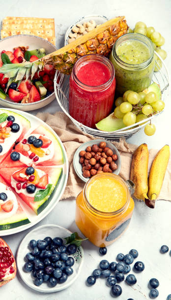 istock Summer fruits assorted on white background. Fresh raw food concept. 1504992535