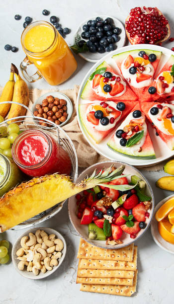 istock Summer fruits assorted on white background. Fresh raw food concept. 1504992745