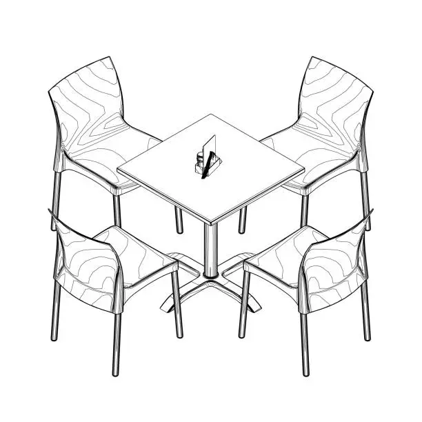 Vector illustration of Contour Modern round table with chairs. Vector illustration. Hand drawn vector line art sketch of a dining table with chairs