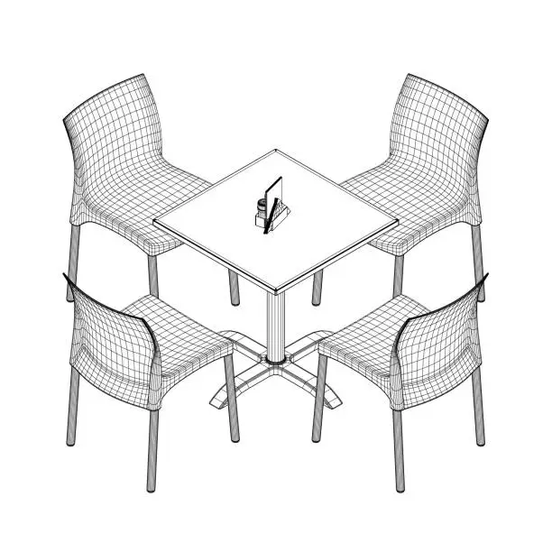 Vector illustration of Wireframe Modern round table with chairs. Vector illustration. Hand drawn vector line art sketch of a dining table with chairs. 3D