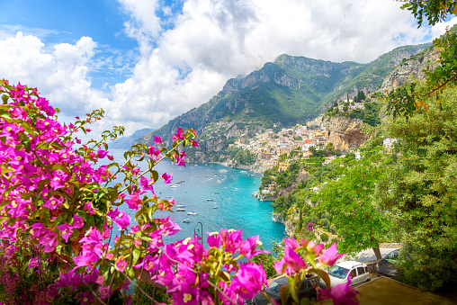 Landscape with Positano town at famous amalfi coast, Italy