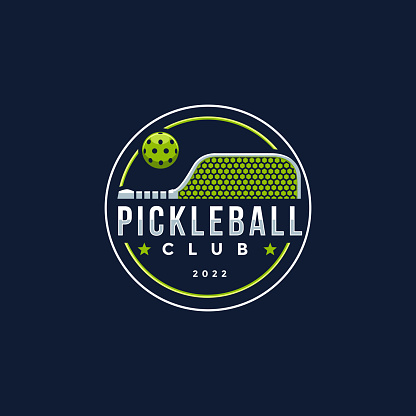 Emblem badge Pickleball club logo design, pickleball racket and ball icon vector on white background
