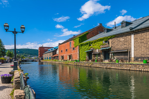 Canal at Otaru port town in Hokkaido, Japan. Translation: Otaru Warehouse.