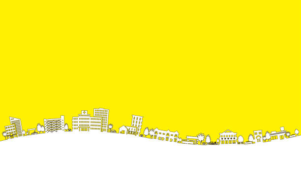городской пейзаж на желтом фоне с местом для текста, векторная иллюстрация. - townscape stock illustrations