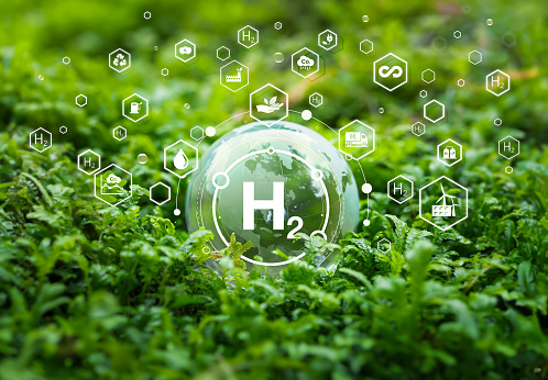 Clean hydrogen energy concept. Environment. Eco-friendly industry. and alternative energy Future climate friendly energy solutions for net zero goals. H2 green icon on crystal globe.