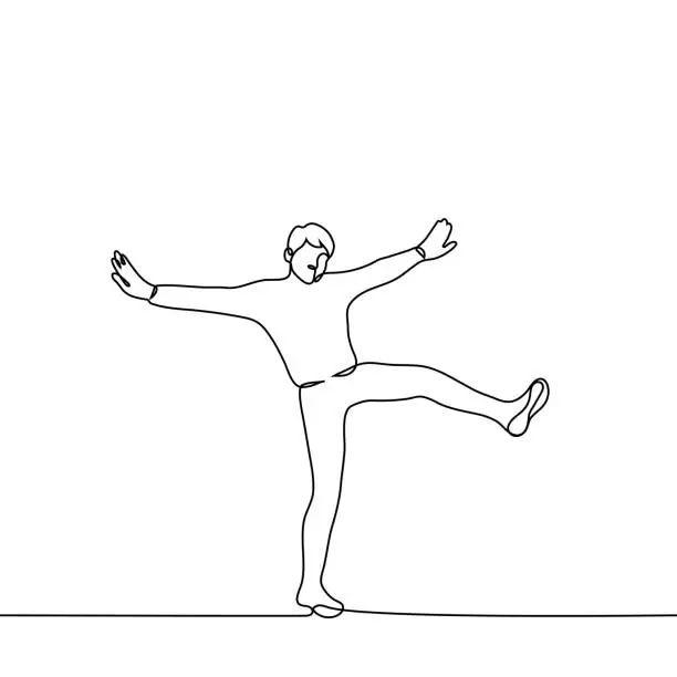 Vector illustration of man falls while standing on one leg, his other limbs in the air - one line drawing. concept of losing balance, ground away from under the feet, being shocked