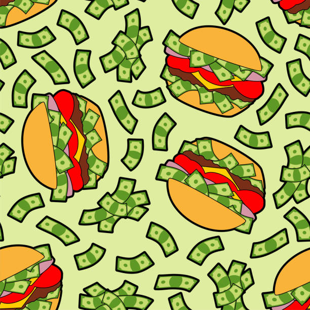 illustrations, cliparts, dessins animés et icônes de modèle de hamburger d’argent sans couture. hamburger avec fond de dollars. texture millionnaire de restauration rapide - white food and drink industry hamburger cheeseburger