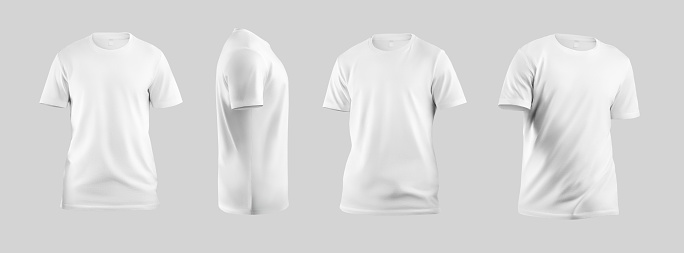 White men's t-shirt mockup 3D rendering, sports shirt for design, pattern, front, side view. Set. Template of stylish clothes isolated on background. Product photography for advertising, commerce.