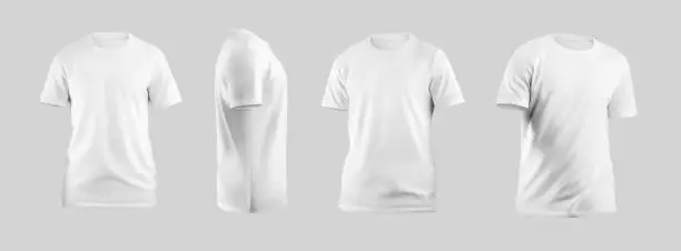 White men's t-shirt mockup 3D rendering, sports shirt for design, pattern, front, side view. Set. Template of stylish clothes isolated on background. Product photography for advertising, commerce.