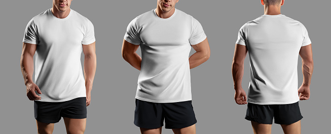Mockup of white t-shirt on muscular man in shorts, shirt for gym, training, front, back, isolated on background. Set of sportswear on an athlete. Clothing template, product photography for commerce