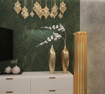 Render interior with gold vases with orhid flowers, gold lamps and green accent wall with gold print