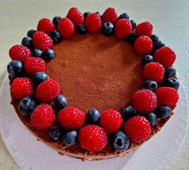 istock cheesecake with chocolate frosting and fruit around the perimeter. sprinkle with cocoa powder. raspberries and strawberries blueberries. cylinder shape ready to celebrate on a tray, flower, 1505123088