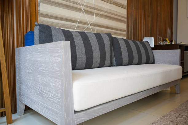 istock selective focus close up striped black grey pillows on the fabric sofa in living room 1505127933