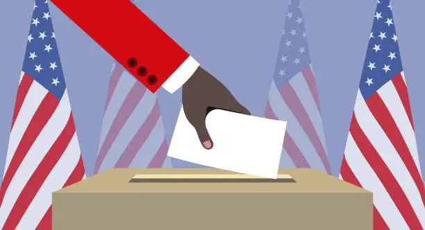 Vector illustration of The hand of an African American throwing his vote into the ballot box. American flags in the background.