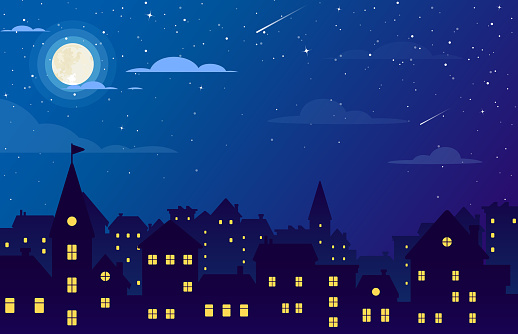 Vector illustration of night city with buildings, stars, clouds and moon at the sky. Cityscape background in flat style. Skyline silhouette with yellow windows. Night view for banner, web design.