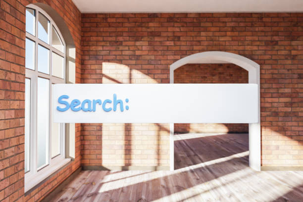 istock search box text floating in air standing in luxurious loft apartment with arched window and minimalistic interior living room design; 3D Illustration 1505166306