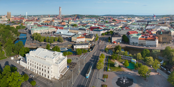 Aerial view of downtown Gothenburg. In the foreground a tram travels down Avenyn next to Stora Teatern (theatre building).