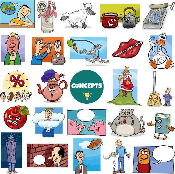 illustrazioni stock, clip art, cartoni animati e icone di tendenza di concetti di cartoni animati o metafore con personaggi dei fumetti grande set - pie in the sky