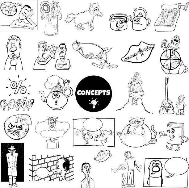 cartoon concepts or metaphors with comic characters set Black and white ilustration set of humorous cartoon concepts or metaphors and ideas with comic characters wolf in sheeps clothing stock illustrations