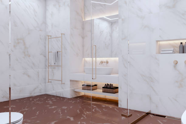 istock New marble glass bathroom interior. Hotel, luxury design concept. 3D Rendering. 1505176784