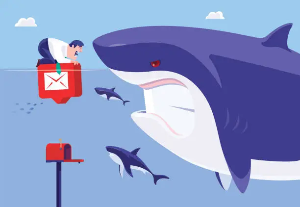 Vector illustration of businessman holding email icon and facing angry shark