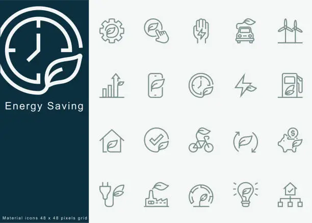 Vector illustration of Energy Saving, ESG,Environmental, Social, Energy Efficiency, Power Consumption, Energy costs, Greenhouse, Reduction consumption, Electriccar, Sustainability, Eco friendly.For Mobile and Web.Line Icons