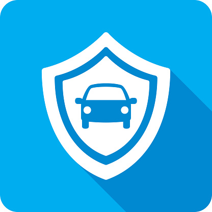 Vector illustration of a shield with car icon against a blue background in flat style.
