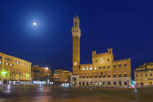 In this photo, the moon gracefully illuminates the timeless beauty of Siena, Italy. The historic Piazza del Campo and Palazzo Pubblico are bathed in soft moonlight, creating a serene atmosphere in the empty main square. The cobblestones reflect a subtle glow, highlighting the architectural details of Palazzo Pubblico. With no crowds in sight, the square exudes a tranquil ambiance under the night sky. This photo captures the enchanting essence of Siena's historic charm, making it a versatile choice for various creative projects such as travel brochures, website banners, or atmospheric visual displays.
