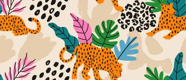 Vector illustration of abstract collage pattern with leopards hand draw. Creative collage contemporary floral seamless pattern.
